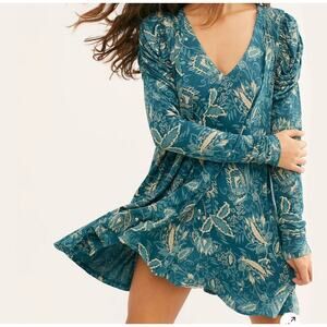 Free People Hello Lover Tunic Top Mini Dress Long Sleeves Dusty Indigo XS